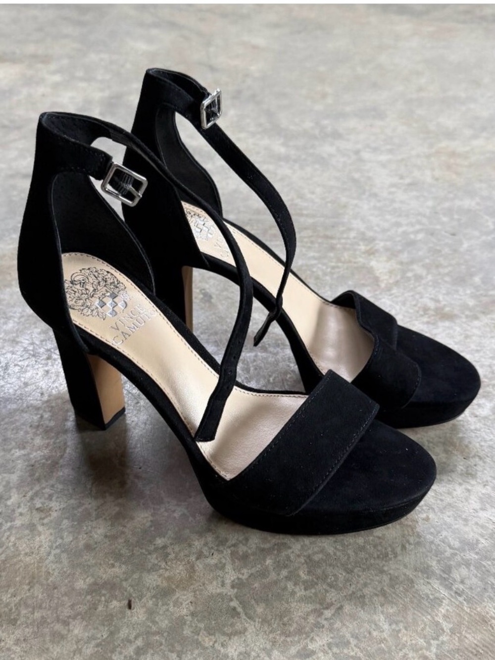 Vince Camuto Black Suede Crisscross Block Heel Sandals